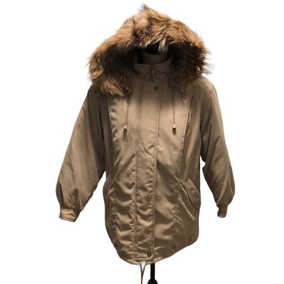 {Bromley Sport} Tan Real Down Puffer Coat With Fur Hood Trim - Picture 1 of 13